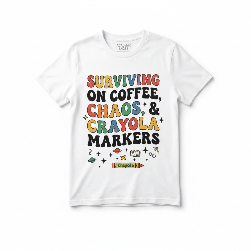 Surviving on Coffee, Chaos, & Crayola Markers teacher graphic tee